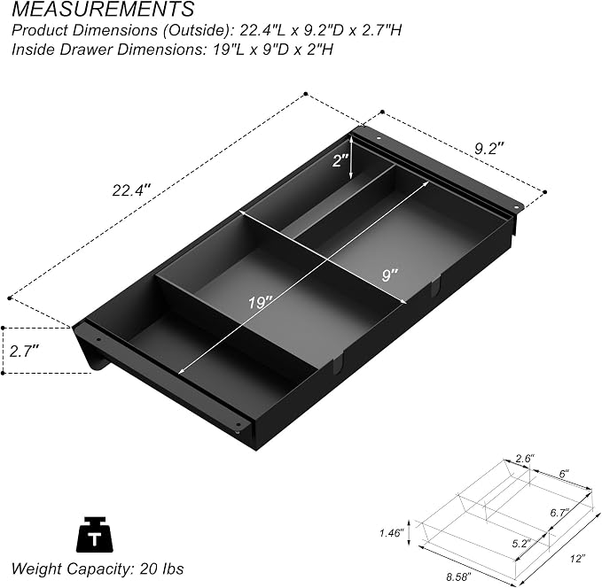 Under Desk Drawer with Removable Tray, 22.4" Wide 2-in-1 Organizer – 60° Ergonomic Tilt, 4-Compartment Insert for Pens, Phones & Cables, Ball Bearing Slides, for Home Office & Student Desk - Image 2