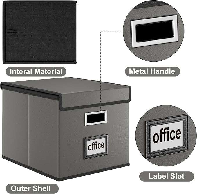 File Organizer Box with Lids, Collapsible File Folder Organizer | File Box with Plastic Slides for Document, Filing Bin for Letter Size Hanging File Folders (2 Pack, Dark Gray, Leather) - Image 4
