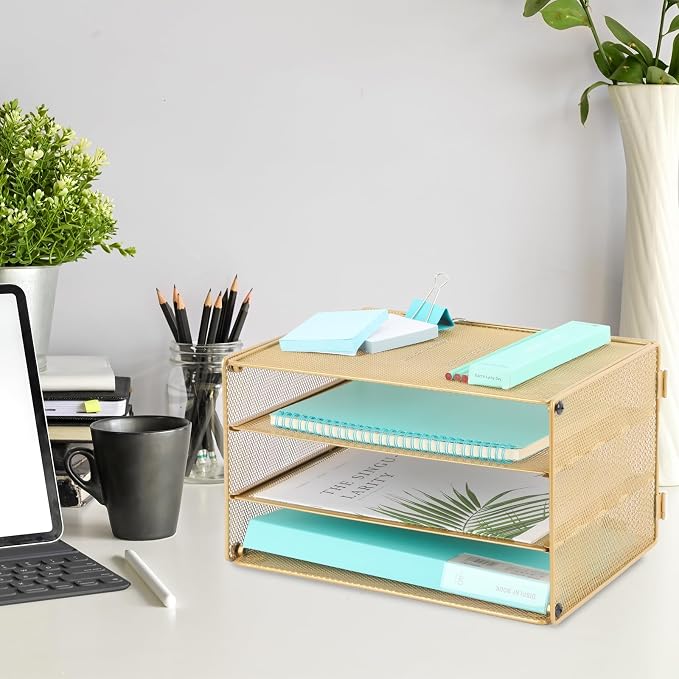 Paper Organizer Tray, 3 Tier Mesh Desk File Organizer Letter Sorter Holder for Home Office, Gold - Image 6