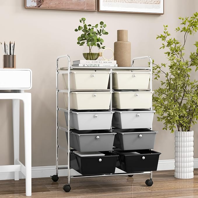 COSTWAY 10 Drawer Rolling Storage Cart, Utility Cart with Lockable Wheels | Mobile Art Supply Craft Organizer with Metal Frame, Multipurpose Drawer Cart for Paper for Office, School, Gray Gradient - Image 2