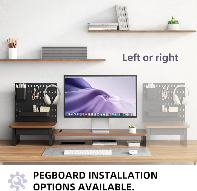 AFOOYO Monitor Stand Riser,Computer Monitor Stand with DIY Pegboard and drawer for Laptop,PC,Computer,Printer,Walnut Finish - Image 4