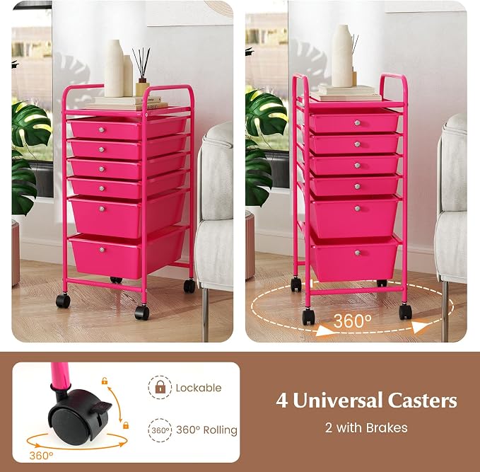 COSTWAY 6-Drawer Rolling Storage Cart, Art Craft Tools Organizer on Wheels | Multifunctional Heavy Duty Utility Mobile Storage Trolley w/ 2 Lockable Wheels for Home Office School (Hot Pink) - Image 5