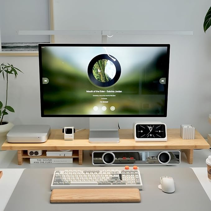 Bamboo Dual Monitor Stand Riser, 2-Tier Desk Shelf with Storage | 39.37-Inch Wide, 300 lbs Capacity, Removable Shelf for Monitors, Printer or TV in Home office, Natural by Rocdeer