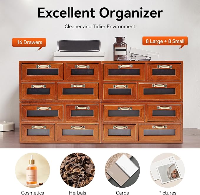 Vintage Drawers Storage Organizer with Clear Windows, Handles, Stackable Tiered Set of 4 Store and Display Wooden Desktop Organizing Cabinets - 16 Drawers Storage for Table Countertop Apothecary - Image 2