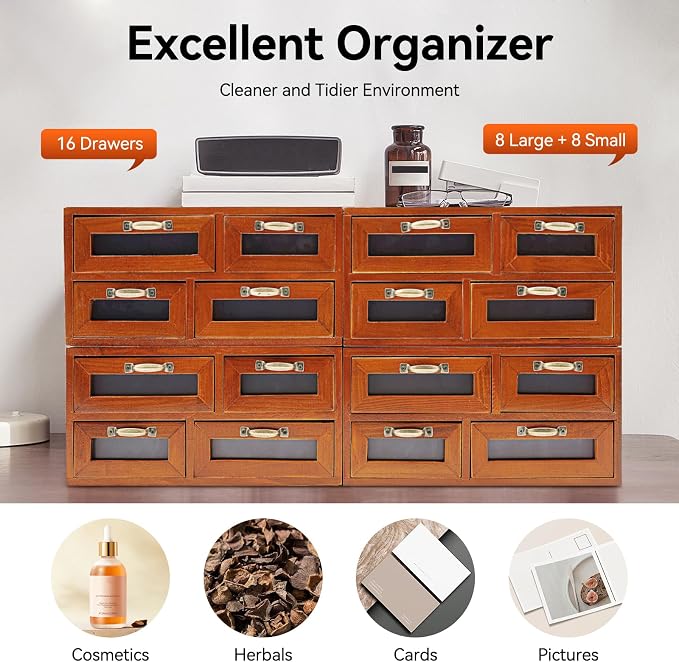 4Pcs Vintage Wooden Storage Cabinet,16 Drawer Wooden Multi Drawer Storage Organizer with Clear Windows Storage Box, Apothecary Cabinet for Files, Books, Letters, Papers - Image 5