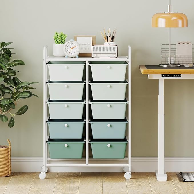 Giantex 10 Drawers Rolling Cart, Classroom Organizers, Storage Cart with Wheels, for Teacher Office Home School Supplies Tool Craft Art Paper, Green Gradient - Image 2