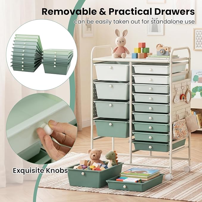 GOFLAME 15-Drawer Rolling Storage Cart with Pegboard, Craft Storage Cart with Lockable Wheels and Metal Frame, Art Cart Supply Storage Organizer for Home Office Classroom, Green Gradient - Image 7