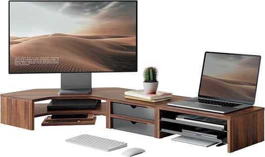 Fenge Dual Monitor Stand, Corner Desk Shelf with Drawer & Slide-Out Tray | Modular Design for Flexible Layouts, 2-Tier Storage Desktop Organizer for Computer, Laptop, Printer and Telephone by Fenge