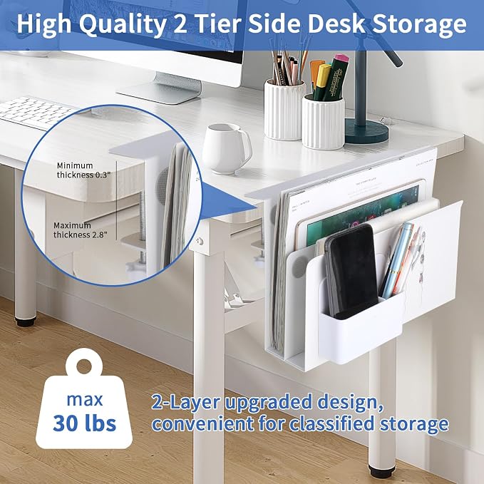 LUKETURE Desk Side Storage, 2 Tier Under Desk Laptop Mount with Pen Slot | Sturdy Steel Double Tier Strong, Magnetic Pen Holder, No Drill Clamp for Standing Desk Organizer, Fits 0.3-2.8" (White) - Image 4