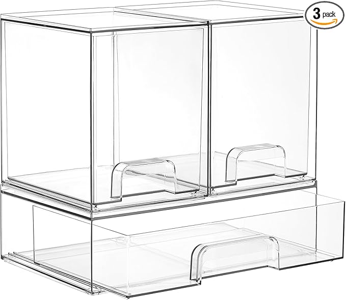 Vtopmart Stackable Storage Drawers Set of 3, Clear Plastic Organizer Bins for Bathroom Supplies, Ideal for Cabinet,Shelf, Pantry, Laundry Room Organization by Vtopmart