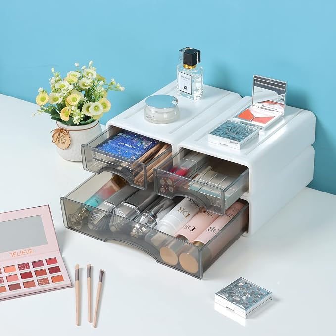 White Desktop Drawer Organizer Unit for Office Paper and Supplies | White, 1 Large & 2 Small Drawers for Stationery Paper Clip Binder Pencil, Stackable Multi Storage Drawers, Tabletop Craft Box - Image 2