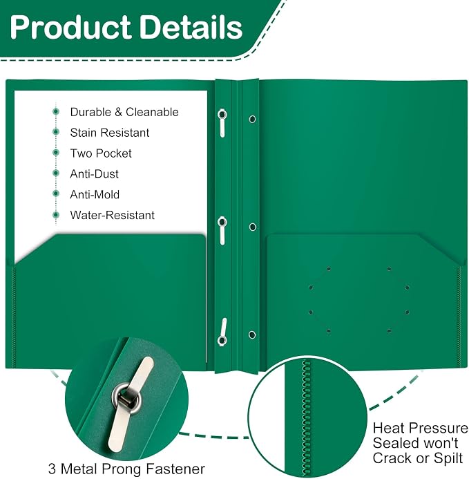 Heavy Duty Plastic Folder, 60 Pack, Pocket Folder with brads, Letter Size Poly File, Plastic Folders with 3 Prongs Fasteners - Green - Image 3