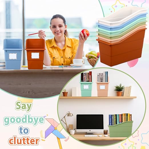 gisgfim 12 Pack Large Book Bins with Labels (Boho) | Durable Plastic,Stackable Magazine Organizer,Storage Bins for Classroom,Library,Office,Bookshelf Categorization - Image 5