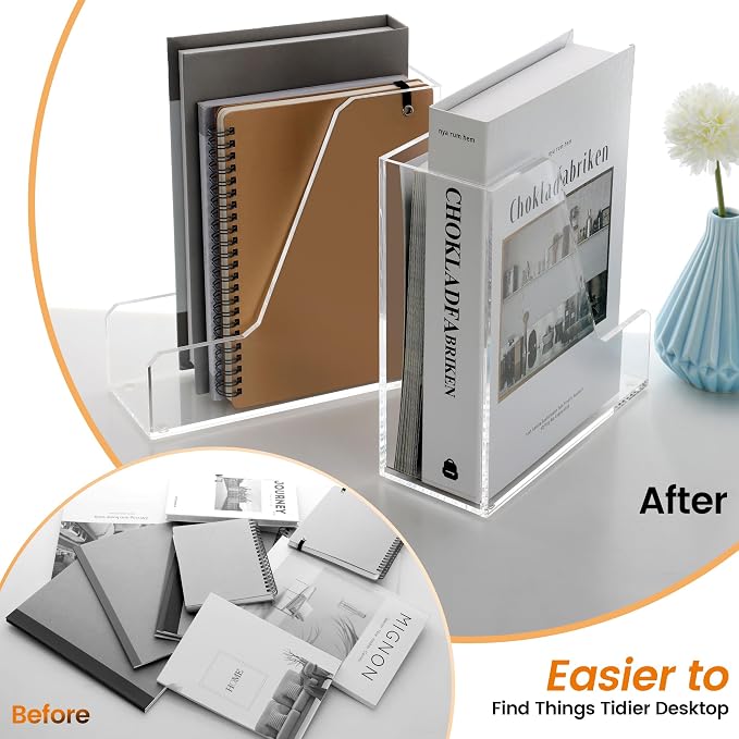 HeZone Acrylic Magazine Rack File Holder Desk Organizers and Storage 2-Pack Small Clear Acrylic Vertical Magazine Holder Book Stand for Office Desk - Image 6