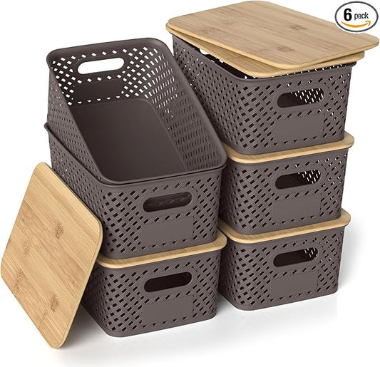 Plastic Storage Bins with Bamboo Lids, Stackable Small Box Baskets for Organizing and Containers for Shelves Drawers Desktop Closet Pantry Classroom Office Home, 6 Pack 10.2x7.2x4.1 Inch, Brown by ZFTMRR