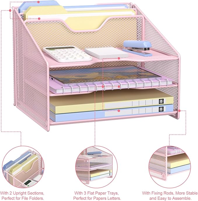 Samstar Pink Desk File Organizer, Mesh Letter File Folder Holder with 3 Paper Trays and 2 Vertical Upright Section, for Office Supplies, Desk Accessories & Workspace, Pink - Image 5