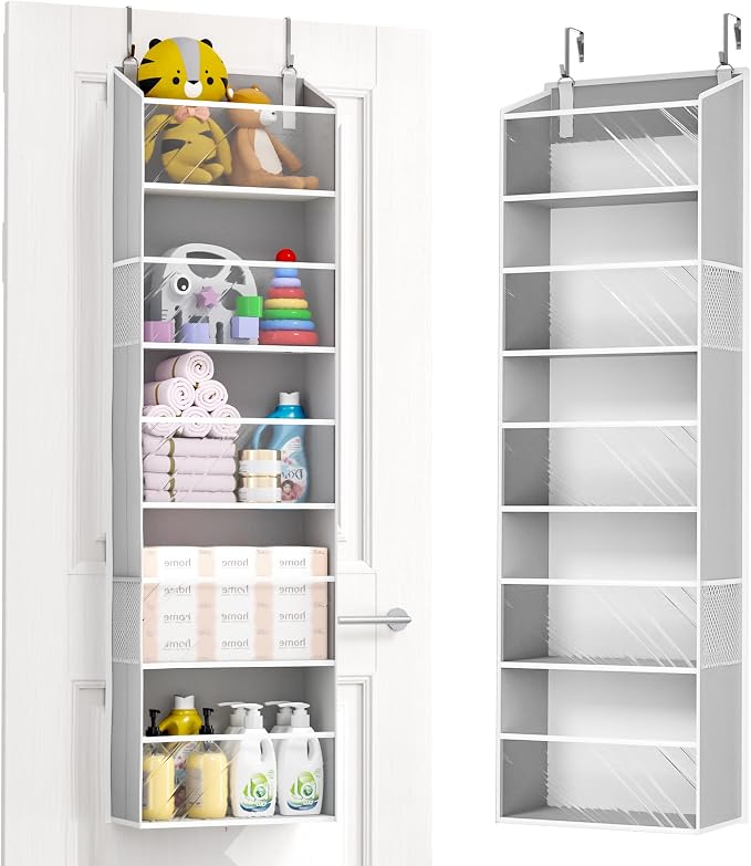 ULG Clear Over The Door Organizer 5-Tier Hanging Storage with 4 Side Pockets,Back of Door Organizer for Pantry, Bathroom, Nursery, Light Grey by ULG