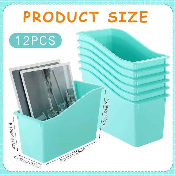 12 Pcs Book Bins for Classroom Plastic Binder Holder Magazine Stuff Folder File Organizer Box for Home Office School Supplies (Water Blue) - Image 3