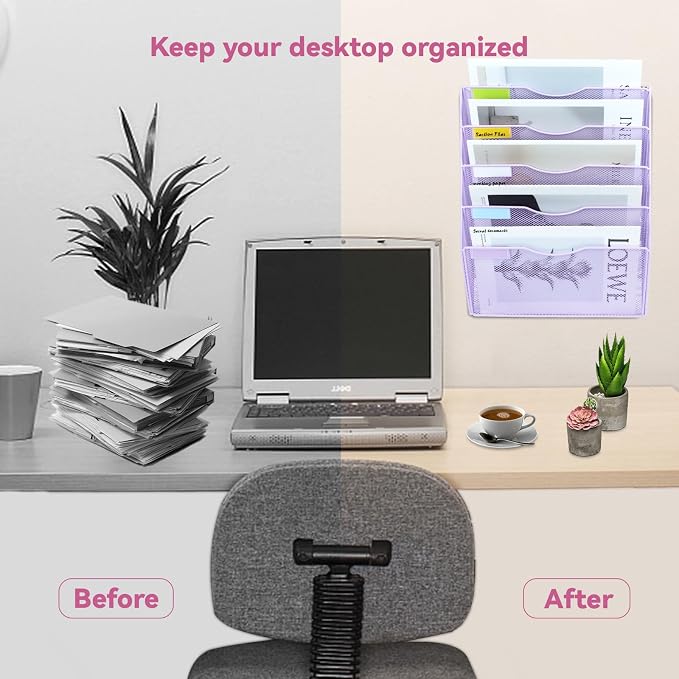 5 Pockets Mesh Wall File Holder Organizer Office Hanging File Folder Magazine Rack, Nametag Label Hooks Set Included (Purple) - Image 5