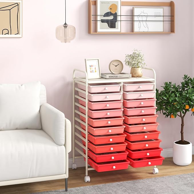 Giantex 20 Drawers Rolling Cart, Mobile Storage Drawer Cart, Classroom Organizer Cart for Office School Supplies Teacher Tools Paper Craft Small Printer, Utility Cart on Wheels, Gradient Pink - Image 2