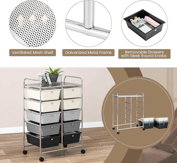 COSTWAY 10 Drawer Rolling Storage Cart, Utility Cart with Lockable Wheels | Mobile Art Supply Craft Organizer with Metal Frame, Multipurpose Drawer Cart for Paper for Office, School, Gray Gradient - Image 6