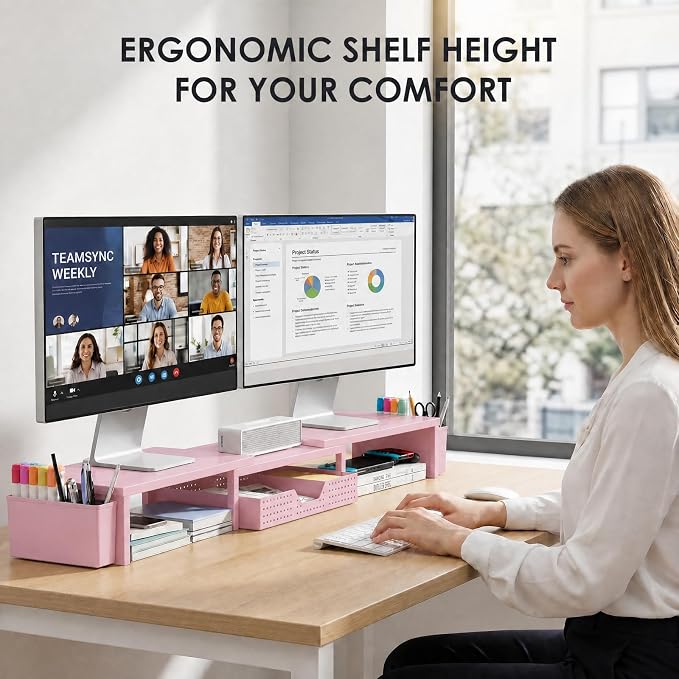 Desk Organizers and Accessories, Dual Monitor Stand Riser with Drawer and 2 Pen Holders, Desk Shelf Computer Racks for Office Workspace Organizers, Desktop Organization (Pink) - Image 2