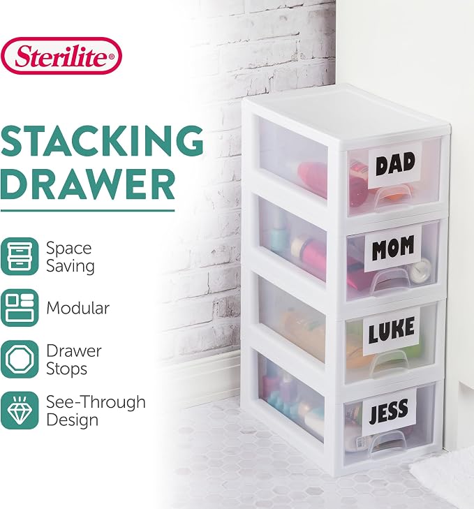 Sterilite 6-Pack Stacking Drawer, Clear Storage Closet Organizer, 6 Quart, White Frame - Stackable Plastic Drawers and Containers for Bedroom, Clothes, Dresser, Vanity, and Makeup Organization - Image 4