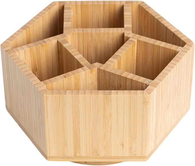 360° Rotating Bamboo Desk Organizer, Hexagonal | 360° Rotating, Art Supply Holder & Office Storage Caddy, For Colored Pencils, Crayons, Paintbrushes by Saparim