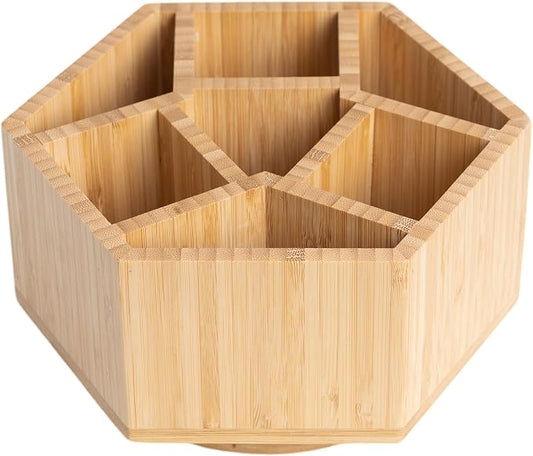 360° Rotating Bamboo Desk Organizer, Hexagonal | 360° Rotating, Art Supply Holder & Office Storage Caddy, For Colored Pencils, Crayons, Paintbrushes by Saparim