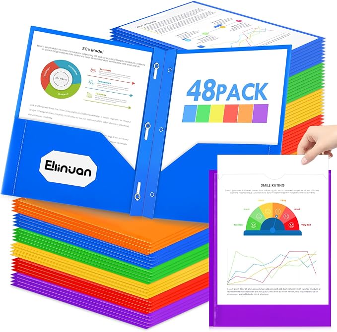 Ellinjan 48 Pack Plastic Folders with Pockets and Prongs, Clear Front 2 Pocket Folders with Brads, Heavy Duty Bulk Folders in 6 Colors, Letter Size for School and Office Supplies by WelcometoEllinjan%EF%BC%81