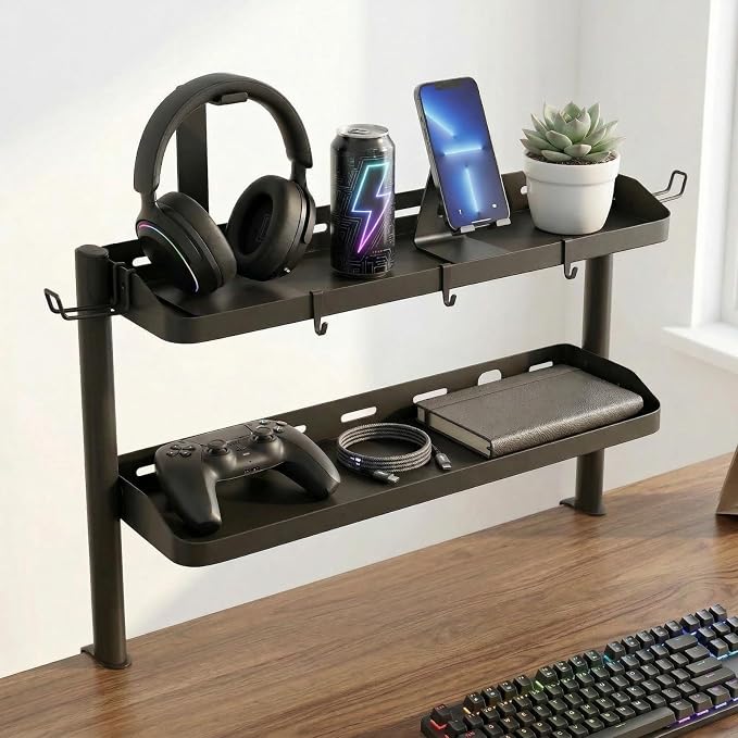 Clamp on Desk Shelf, 24in 2-Tier Office Desk Shelves Organizer, Shelf for Top of Desk with Headphone Holder and Hooks, Desktop Storage Rack for Home Workspace, Study Rooms, Gaming Accessories - Image 2