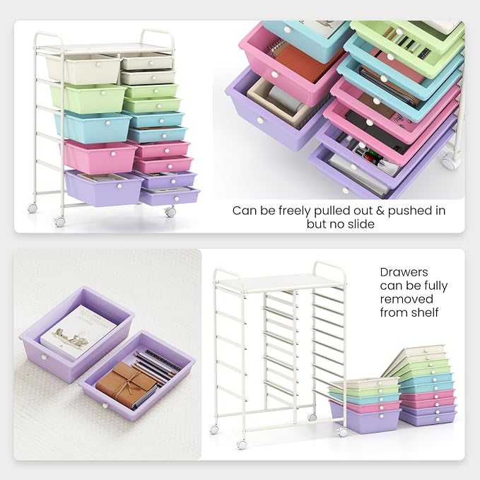 Giantex 15 Drawer Rolling Cart with Drawers, Storage Organizer Cart for Classroom Office School Teacher, Mobile Drawer Cart for Tools, Crafts, Small Printer, Paper, Pastel Ice Cream - Image 6
