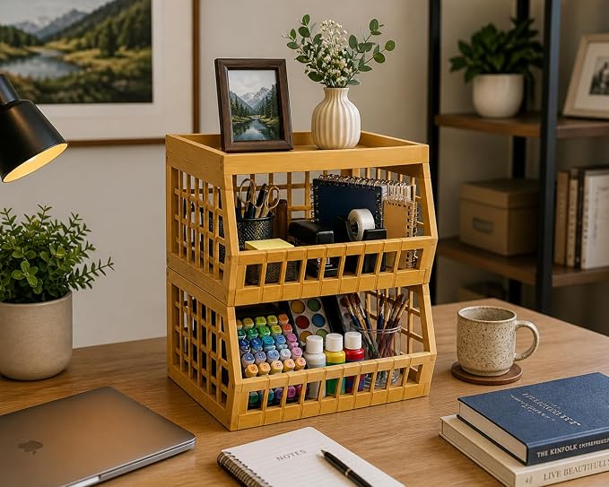 Bamboo Stackable, Open Front, Medium Storage Bins -Lattice Design, 2 Pack - Image 6