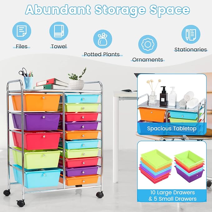 COSTWAY 15 Drawer Rolling Storage Cart, Mobile Storage Organizer | Removable Drawers & Metal Frame, Multipurpose Utility Tools Paper Organizer on Wheels for Home, Office (Multi-color) - Image 4