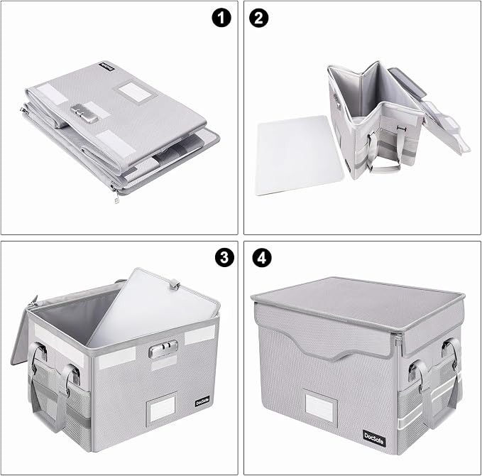 DocSafe Fireproof Document Box with Lock,File Storage Organizer with Pockets,Collapsible Portable File Box Home Office Safe Filing Cabinet with Handle for Hanging Letter/Legal Folders,Silver,2 Pack - Image 7
