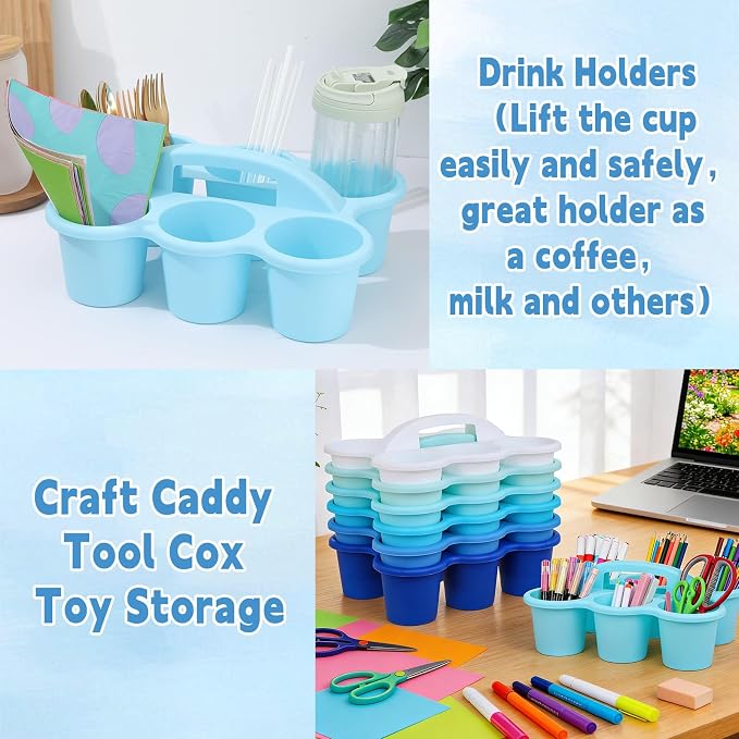6 Pack Classroom Caddy Organizer with Handle Gradient Blue Plastic Table Caddy Drink Cup Caddies Holder 12x9x3.5 Inches Storage School Supplies 6 Compartments for Table Crayon Pencil Cup Marker Craft - Image 5