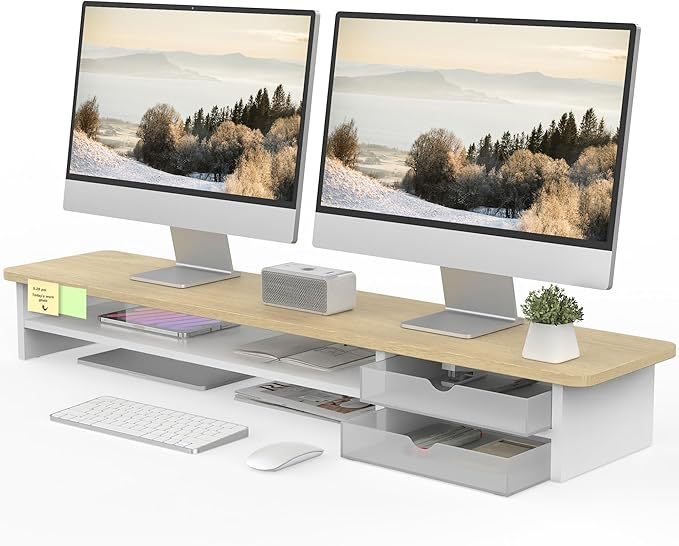 Fenge Monitor Stand, Desk Computer Riser with Frosted Storage Drawer, Oak | 42.5 Inch Dual Monitor Riser, 2 Tiers, Cable Management, Desk Shelf for 2 Monitors, Ultrawide Screen, Laptop, TV, Home Office by Fenge