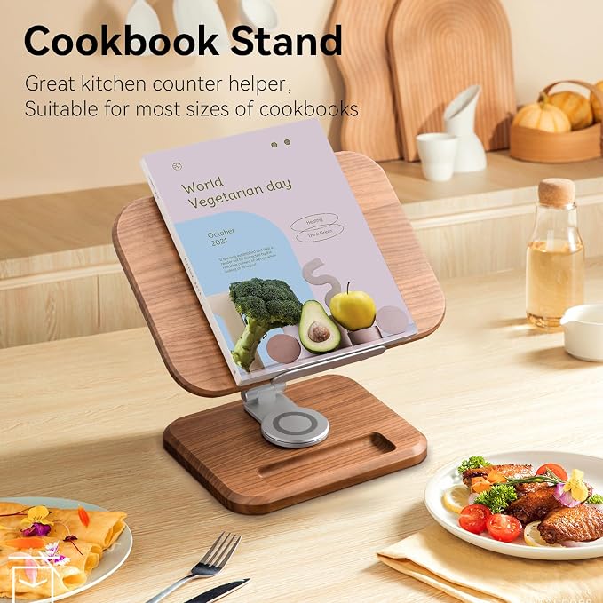 Book Stand for Reading, Mayhas Adjustable Book Holder with 360° Swivel Base&Page Clips, Foldable Desktop Stand for Cookbook, Fits All Books (Cherry Wood, Wood Base) - Image 2