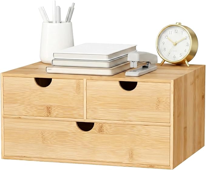 Bamboo Desk Organizer with Drawers, Desktop Storage for Office Supplies | 3 Drawers Desktop organizer, No Assembly Required, Natural Wood Wooden Desktop Drawers Box for Bills, Cosmetics, Seals, Paper by Wisuce