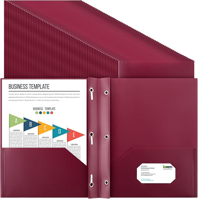 Cholemy 72 Packs Pocket Folders with Prongs Heavy Duty Plastic Folder with Business Card Slot 3 Prong Fasteners for School Office (Burgundy) by Cholemy