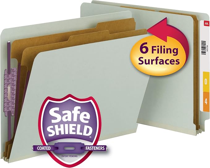Smead 100% Recycled End Tab Pressboard Classification File Folder with SafeSHIELD Fasteners, 2 Dividers, 2" Expansion, Letter Size, Gray/Green, 10 per Box (26810) - Image 2