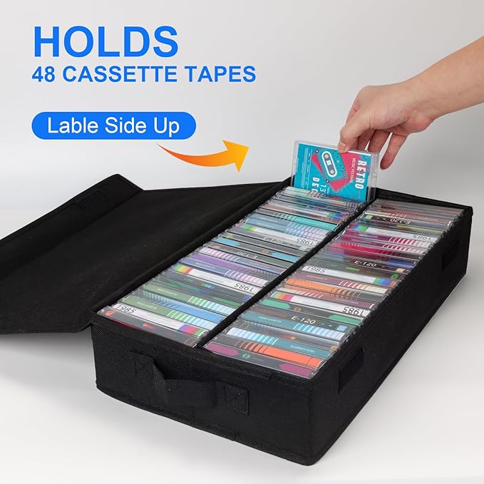 Cassette Tape Storage Box with Handles and Lid – Cassette Tape Holder and Organizer with External Label Slots, Stackable Cassette Storage Rack, 3Pack-Black - Image 2