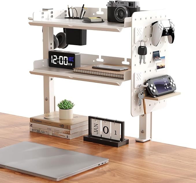 Metal Clamp On Desk Shelf,Storage Shelves with Pegboard and Pencil Holder | 2-Tier Adjustable 16 inch Above or Under Heavy Duty Desktop Organizer with Headphone Holder for Desk Accessories (White) by CABTE