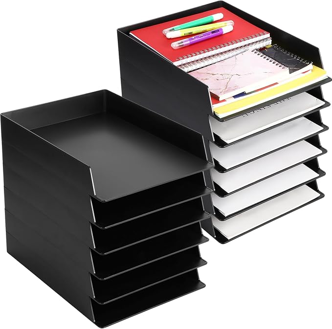 12 Pcs Stackable Paper Trays Rectangular Plastic Desk Holder Desktop Document File Organizer Storage Letter for Office Classroom (Black) by Wenqik