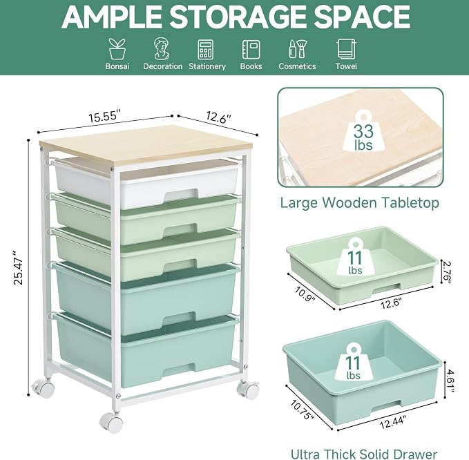 SYKIARIOL Rolling Cart with Drawers,5 Drawers Storage Cart,Light Green | 5-Tiers Utility Cart with Drawers with Lockable Wheels for Craft Organizers and Storage,Home Office,Classroom,Dorm,Playroom - Image 3