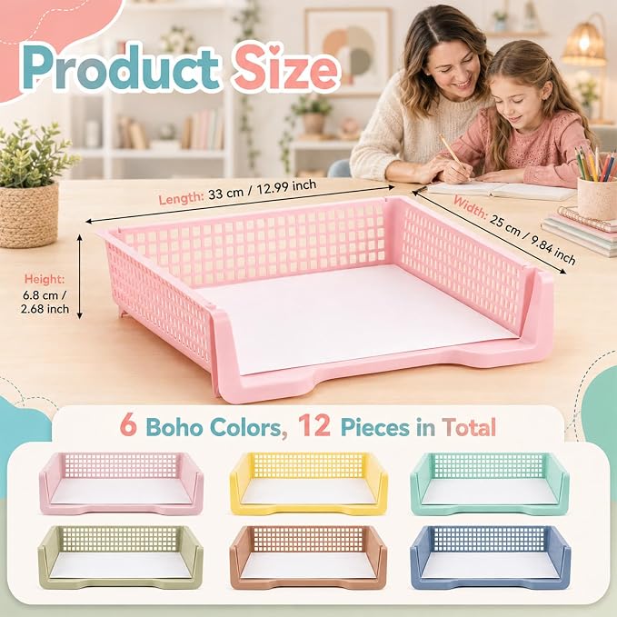 Set of 12 Boho Turn in Trays for Teachers Stackable Classroom Paper Letter Trays Plastic Classroom Desk Letter Organizer Tray Storage Baskets for Library, Drawers, Office, Home - Image 2
