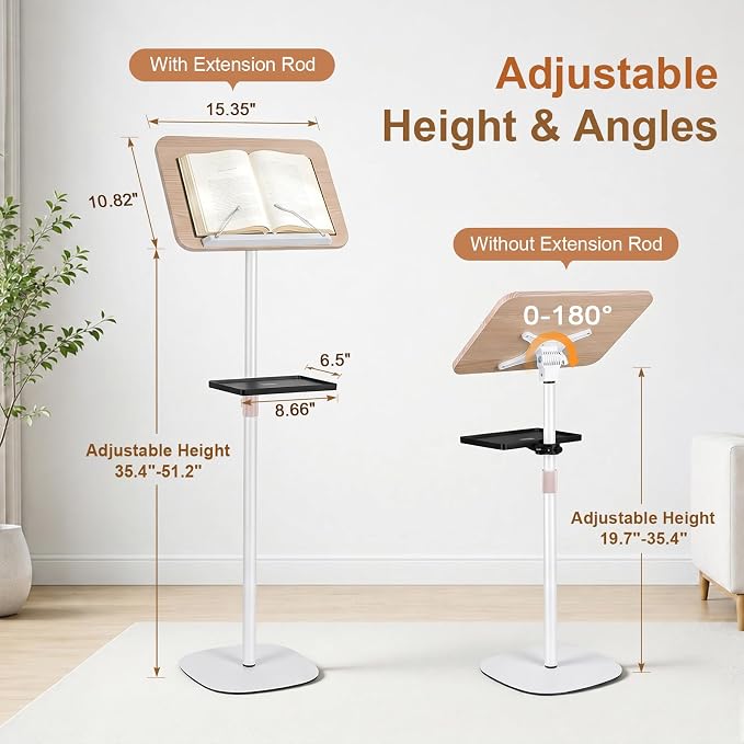 2-in-1 Floor & Desktop Music Book Stand, Adjustable Height 19.7-51.2 in | Dual-use Detachable Reading Stand, Features Storage Tray and Page Clips for Sheet Music, Laptops & Cookbooks - Image 3