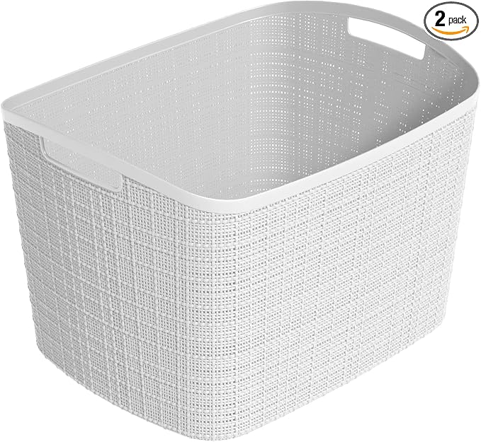 Curver Set of 2 XL 30.5L Jute Decorative Plastic Organization and Storage Baskets - Perfect Bins for Home Office, Closet Shelves, Kitchen Pantry and All Bedroom Essentials, White by Unknown