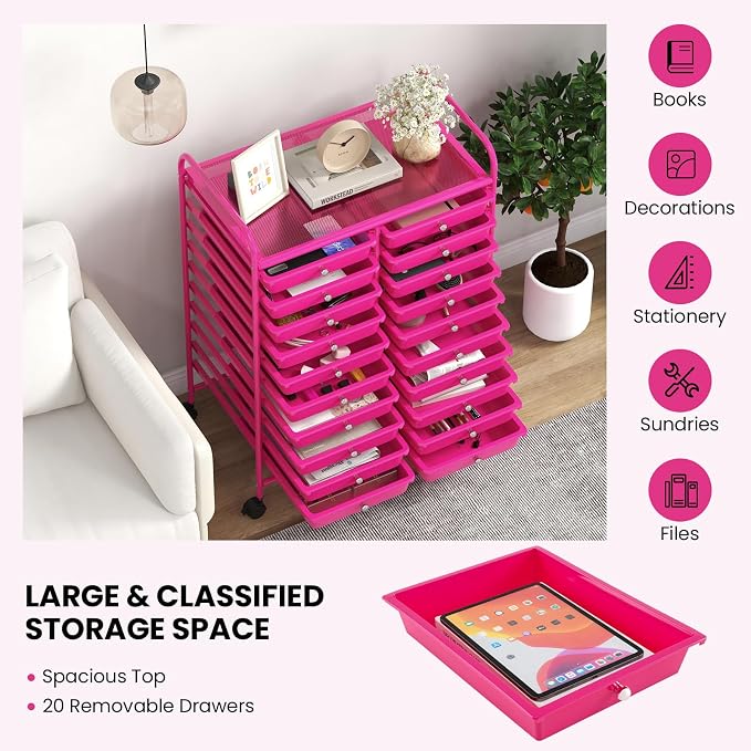 Giantex 20 Drawers Rolling Cart, Mobile Storage Drawer Cart, Classroom Organizer for Office School Supplies Teacher Tools Scrapbook Paper Craft Small Printer, Utility Stand on Wheels, Hot Pink - Image 6
