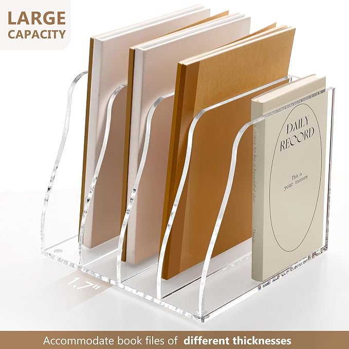 SANRUI Acrylic Magazine File Holder Desk Organizer, Clear 4 Compartments | Workspace Document Sorter, Vertical Folder Rack Binder for Office Home Classroom Tablet, Books & Accessories Storage - Image 6